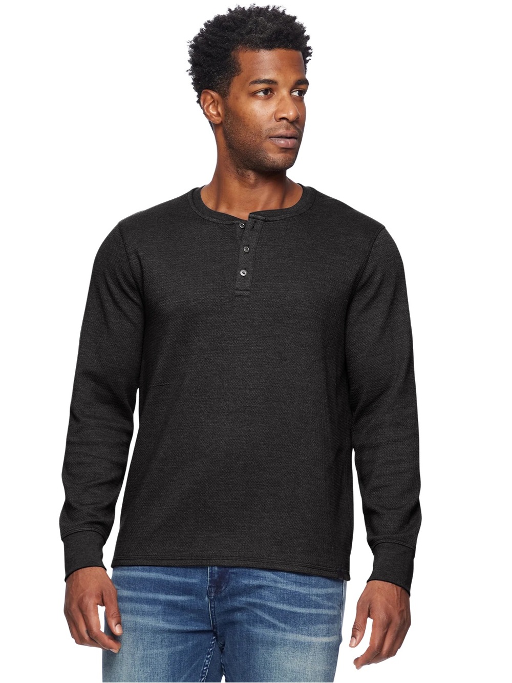 Men's Black Long-Sleeve Henley Thermal Shirt
